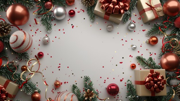 fundo de Natal com ornamentos festivos bolas de vidro de confete espumantes embrulhadas caixas de presentes galhos de abeto verde e bandeiras de férias tradicionais em 3D