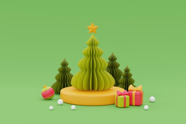 Fundo de natal com pinheiro feliz natal e feliz ano novo renderização em 3d