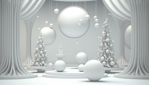 Fundo de Natal com pódio cilíndrico para promoções Palco redondo para apresentação de produto de venda Pedestal de palco ou plataforma na neve entre bolas de vidro de árvores de Natal penduradas