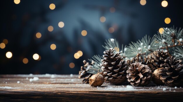 Fundo de Natal com ramos de abeto, cones de pinheiro e luzes geradas pela IA