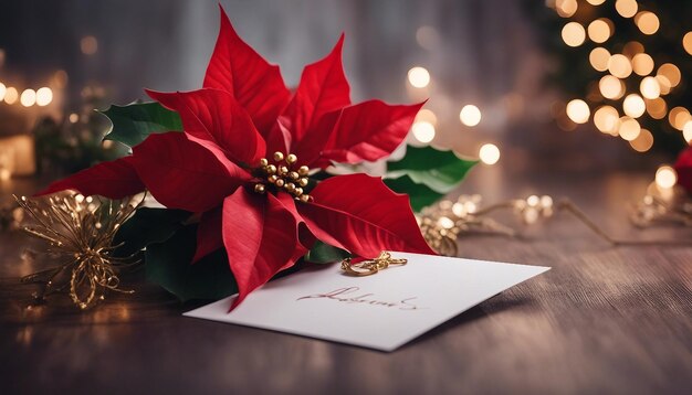 Foto fundo de natal com um cartão vazio e poinsettias