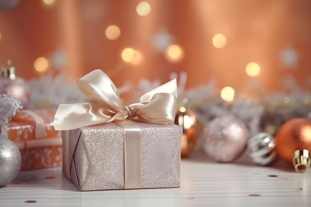 fundo de Natal cores douradas caixa de presente sob a árvore fundo de efeito bokeh