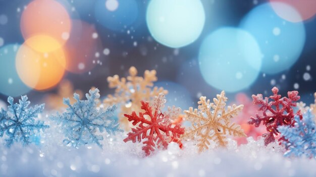 Foto fundo de natal de flocos de neve macro multicoloridos