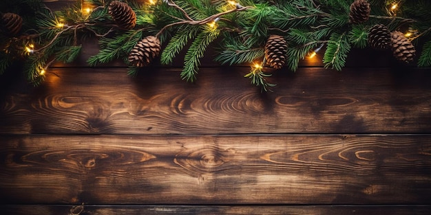 Fundo de Natal de galhos de abeto decorados com luzes de fada em moldura de madeira castanha escura com espaço de cópia