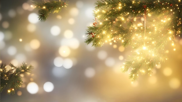 Fundo de Natal de inverno com decorações de galhos de árvores de Natal, estrelas, luzes, faíscas, bokeh, clima festivo, geração de IA
