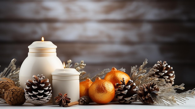 Fundo de Natal de moldura branca Decoração de Ano Novo com cones de pinheiro e laranja