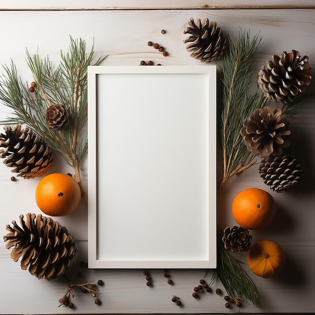 Fundo de Natal de moldura branca Decoração de Ano Novo com cones de pinheiro e laranja