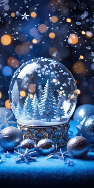 Foto fundo de natal de neve azul com globo de neve de cristal feliz natal ia gerativa