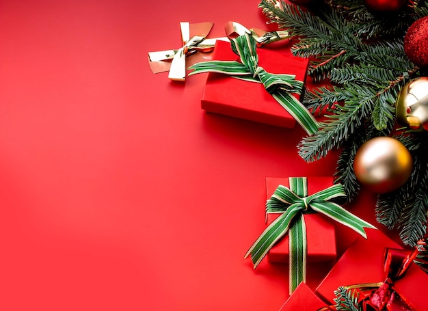 fundo de natal decorado com presentes festivos e ramos de abeto com espaço em branco