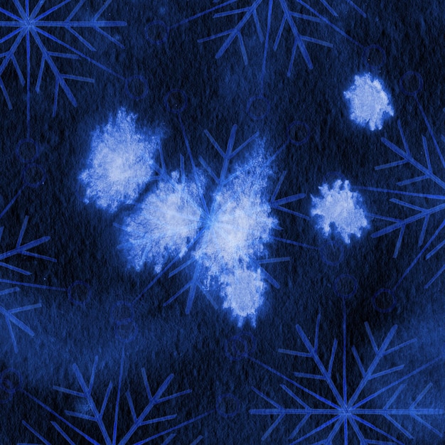 Fundo de Natal desenhado à mão papel digital aquarela azul com flocos de neve de Natal desenhados por lápis de cor