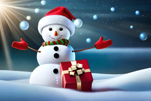 Foto fundo de natal do boneco de neve carregando presentes com sinal de neve