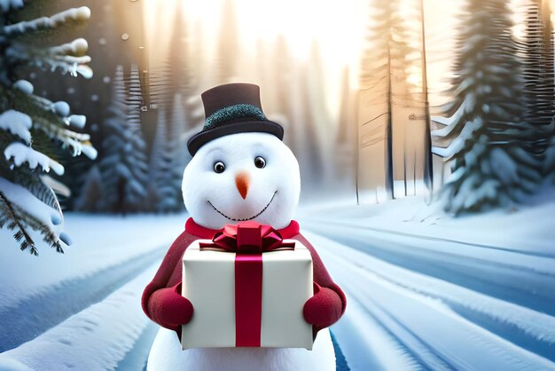 Foto fundo de natal do boneco de neve carregando presentes com sinal de neve