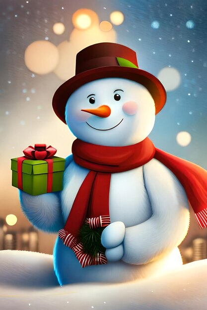 Foto fundo de natal do boneco de neve carregando presentes com sinal de neve