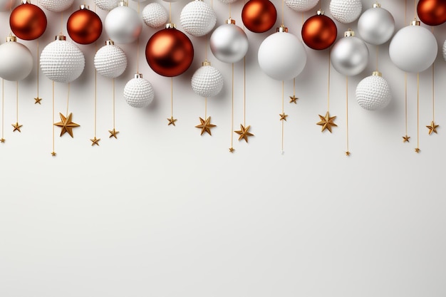 Foto fundo de natal e ano novo com bolas de natal brancas e vermelhas e estrelas douradas