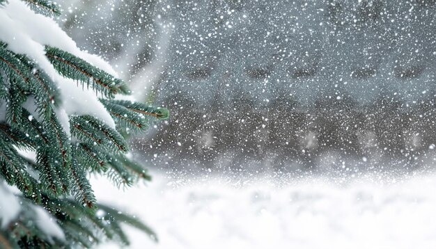 Fundo de Natal e Ano Novo com ramos de abeto cobertos de neve em um fundo desfocado