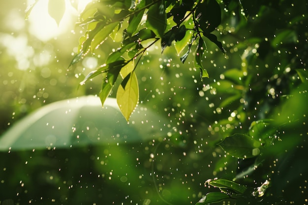 Fundo de natureza com chuva e um guarda-chuva IA generativa