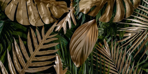 Fundo de natureza criativa. folhas de monstera e palmeira tropicais douradas e verdes. resumo mínimo de verão