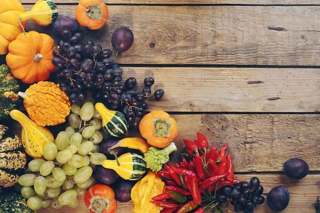 Fundo de natureza morta de outono com frutas frescas e legumes Variedade de ameixas maduras uvas abóbora caqui e pimentas vermelhas colheita ou composição de ação de graças espaço de vista superior para texto