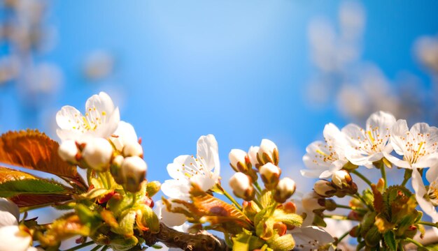 Fundo de natureza primavera com flor de maçã no fundo do céu azul