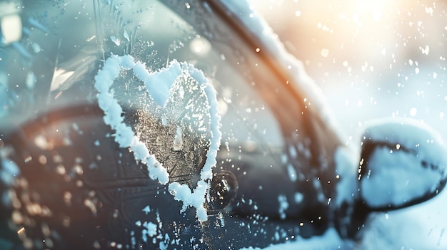 Fundo de neve Textura de neve molhada com desenho de um símbolo de coração na janela de inverno IA gerativa