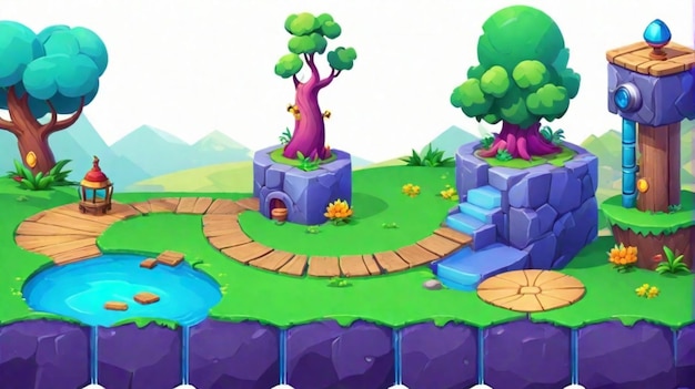 Foto fundo de nível de jogo com plataformas e itens