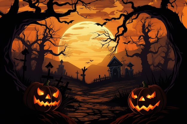 Fundo de noite de Halloween com abóboras de lua cheia e cemitério