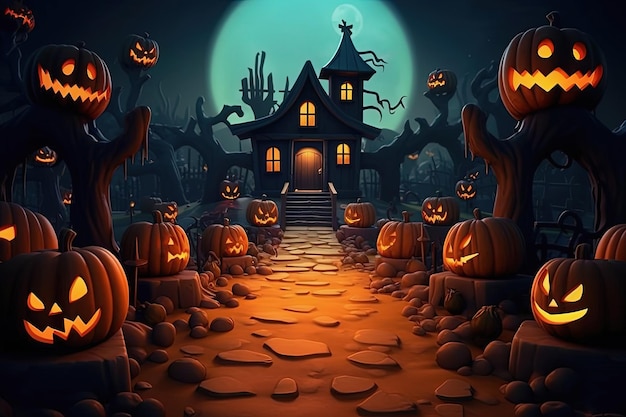 Fundo de noite de Halloween com casa assustadora em abóboras de cemitério e lua cheia