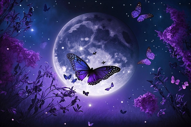 Fundo de noite romântica de fantasia mágica com lua cheia e borboletas brilhantes em papel de parede de bolha
