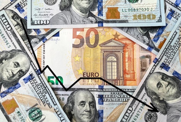 Fundo de notas de cem dólares e cinquenta euros em close-up com um gráfico da queda