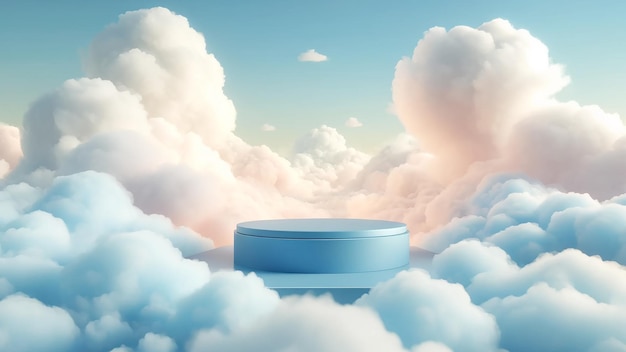 fundo de nuvem sonhosa prepara o palco para um pódio de exibição de produto azul flutuando no meio do céu