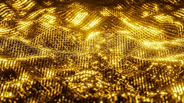Fundo de onda de rede de fio dourado brilhante abstrato para apresentação de produtos e modelo 3D e ilustração de estilo de luxo de marca