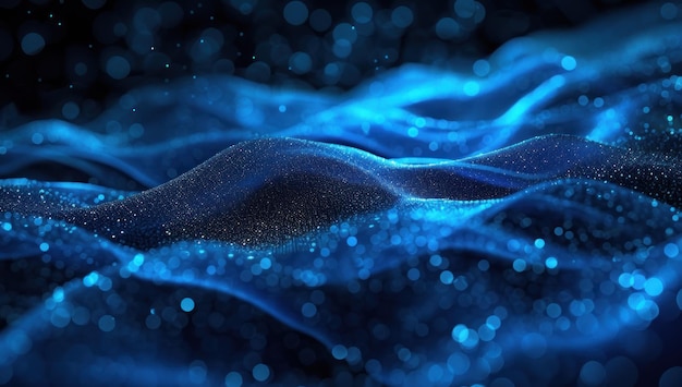 Fundo de onda digital em azul e preto Uma onda de pequenas partículas de energia azul brilhante