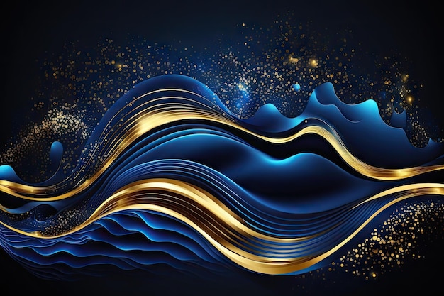 Fundo de onda líquido abstrato azul com glitter dourado e estrelas criadas com generative ai