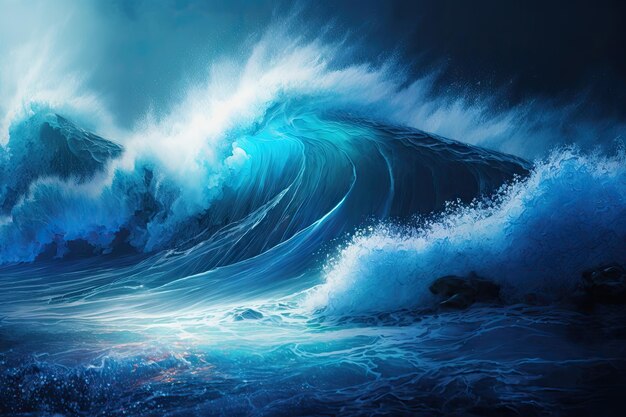 Fundo de onda líquido abstrato azul com spray de névoa leve na costa criado com ai generativo