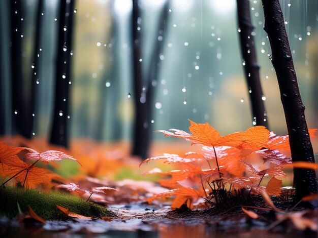 Fundo de outono com folhas que caem e gotas de chuva na floresta úmida