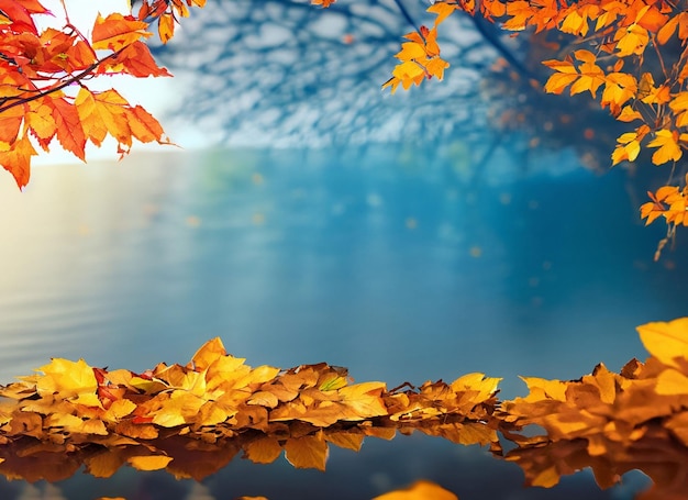 Fundo de outono com folhas vermelhas coloridas sobre fundo azul