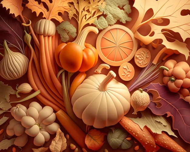 Fundo de outono com vegetais de outono no estilo de impressão realista beige claro e laranja