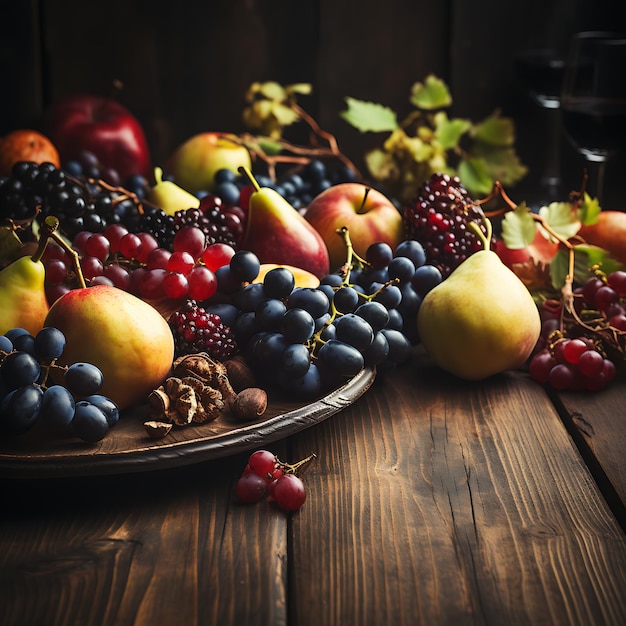 Foto fundo de outono de ação de graças de folhas caídas e frutas com lugar vintage na velha mesa de madeira