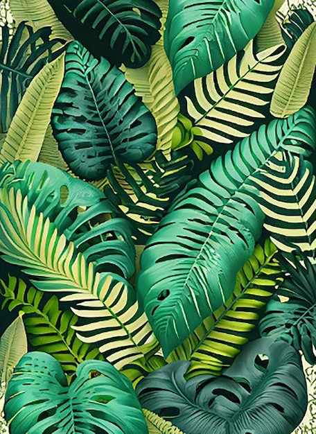 Foto fundo de padrão sem costura com uma mistura de folhagem verde exuberante, incluindo folhas de palmeiras de samambaia e folhas de monstera tropical