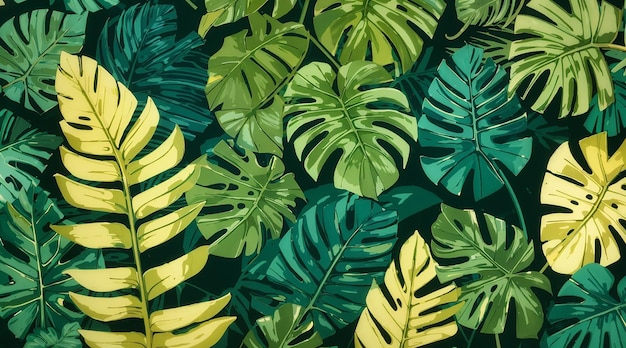 Fundo de padrão sem costura mostrando uma coleção de folhas tropicais, como folhas de banana, folhas de palmeira e folhas de monstera em tons verdes vibrantes