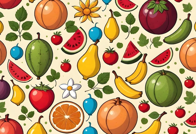 Foto fundo de padrões de frutas e vegetais projetado para crianças em estilo de desenho animado