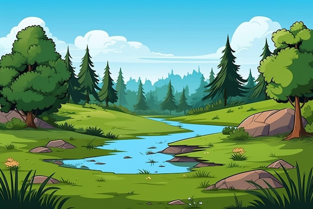 fundo de paisagem de desenho animado com grama árvores flor e rocha