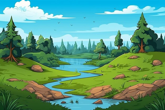 Foto fundo de paisagem de desenho animado com grama árvores flor e rocha