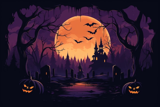 Foto fundo de paisagem de halloween com uma floresta de fantasia de céu noturno de castelo assombrado ao luar ia generativa