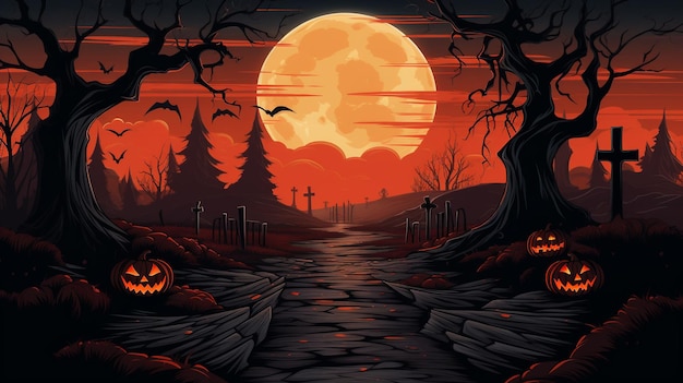 Foto fundo de paisagem de halloween com uma floresta de fantasia de céu noturno de castelo assombrado ao luar ia generativa