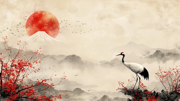 Fundo de paisagem natural com pássaros guindastes e textura de ícones tradicionais asiáticos Decoração de elementos de montanha Fuji e nuvens em estilo vintage