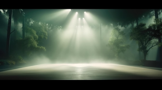 Fundo de palco vazio feixes de luz holofote luz de fundo cena pódio claro nevoeiro nuvens de cor verde