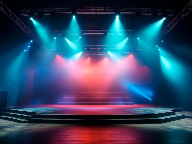 Fundo de palco vazio moderno com escada de fumaça colorida e spotlights de teto mockup AI gerativa