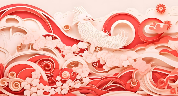 Foto fundo de papel chinês com nuvens e flores sobre fundo branco e vermelho