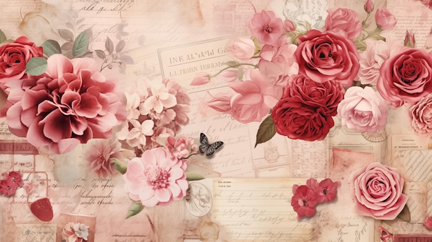 Foto fundo de papel de scrapbooking retrô vintage angustiado com rosas rosas cartões postais borboletas